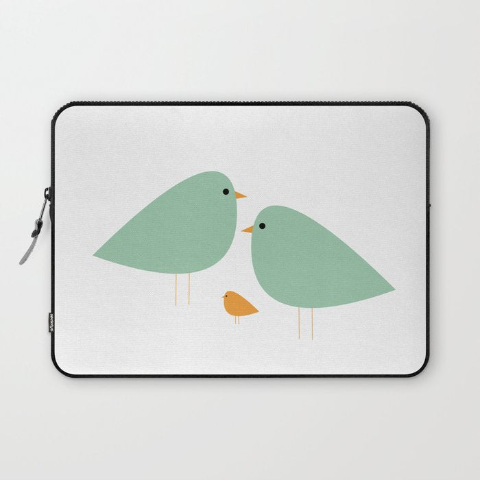 Bird Family in Celadon and Mustard on White. Minimalist Midcentury Scandinavian Laptop Sleeve Gallery Image 1