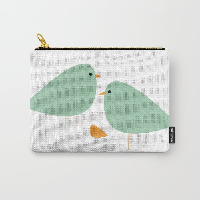 Bird Family in Celadon and Mustard on White. Minimalist Midcentury Scandinavian Carry All Pouch Gallery Image 1