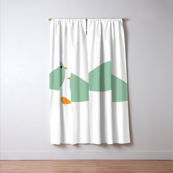 Bird Family in Celadon and Mustard on White. Minimalist Midcentury Scandinavian Window Curtain Gallery Image 3