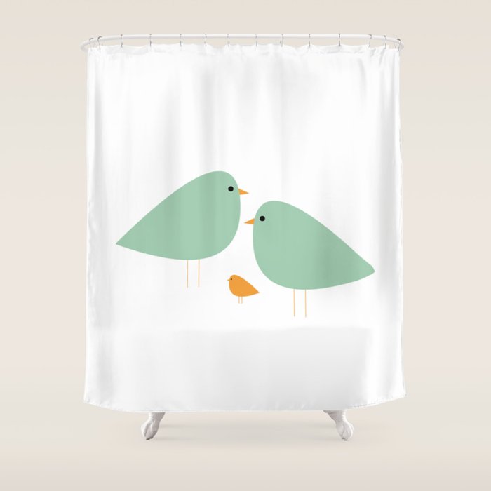 Bird Family in Celadon and Mustard on White. Minimalist Midcentury Scandinavian Shower Curtain Gallery Image 1