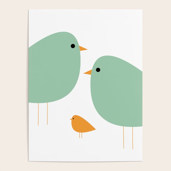 Bird Family in Celadon and Mustard on White. Minimalist Midcentury Scandinavian Poster Gallery Image 4