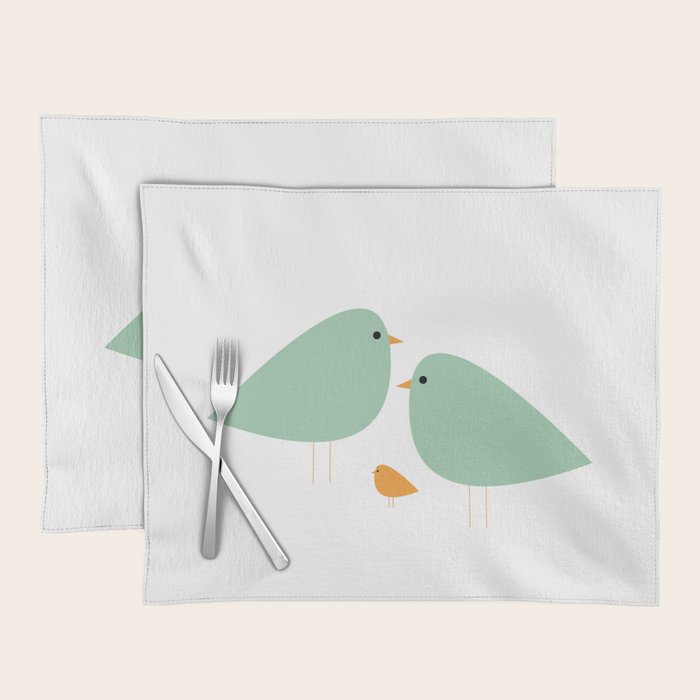 Bird Family in Celadon and Mustard on White. Minimalist Midcentury Scandinavian Placemat Gallery Image 1