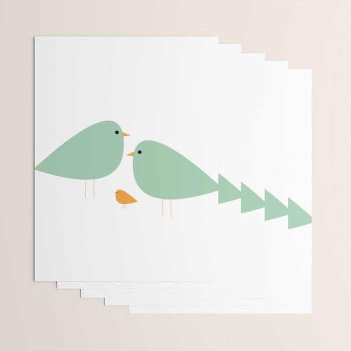 Bird Family in Celadon and Mustard on White. Minimalist Midcentury Scandinavian Wrapping Paper Gallery Image 3