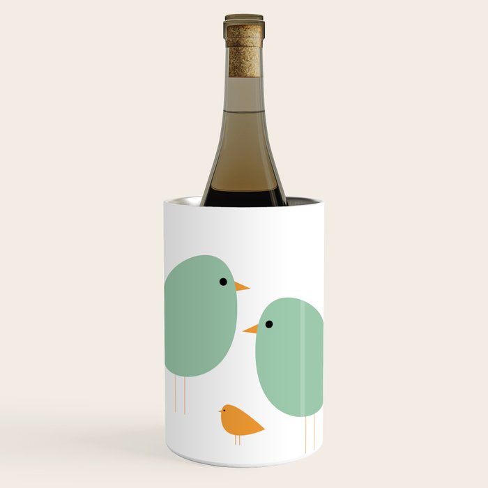 Bird Family in Celadon and Mustard on White. Minimalist Midcentury Scandinavian Wine Chiller Gallery Image 1