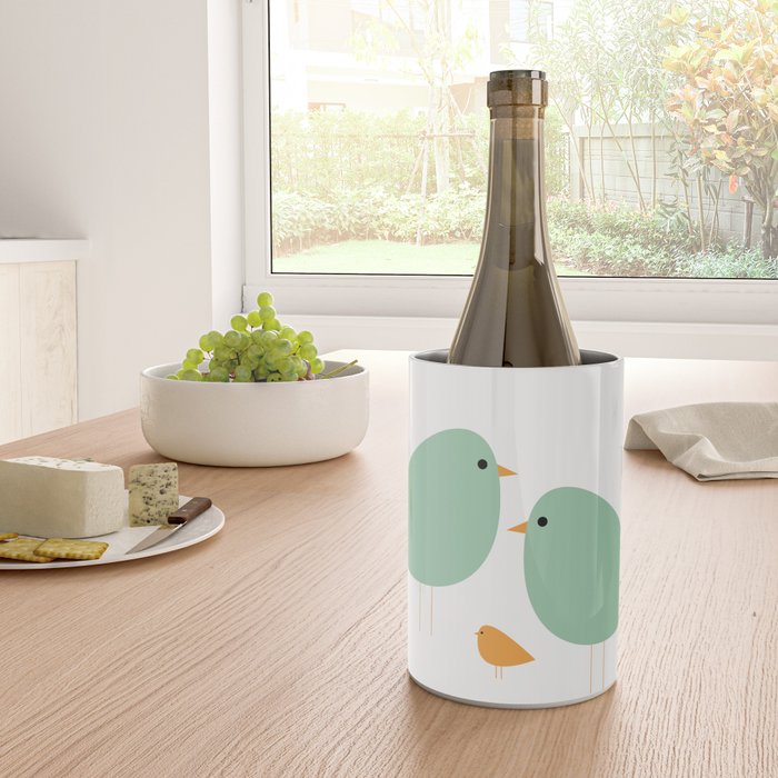 Bird Family in Celadon and Mustard on White. Minimalist Midcentury Scandinavian Wine Chiller Gallery Image 4