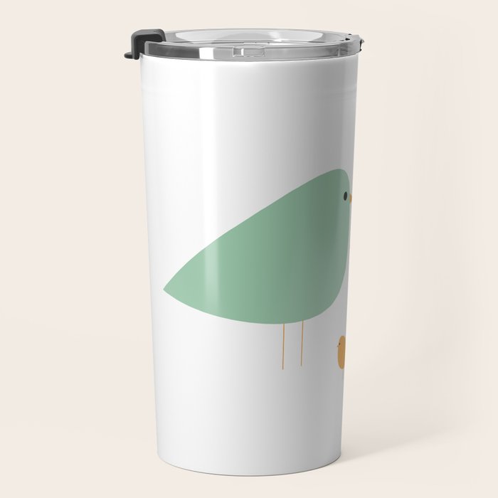 Bird Family in Celadon and Mustard on White. Minimalist Midcentury Scandinavian Travel Mug Gallery Image 3