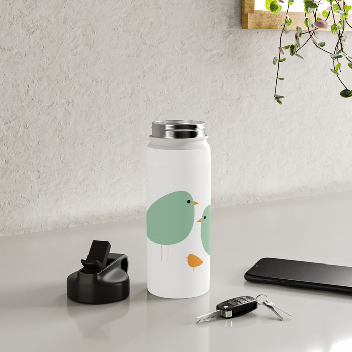 Bird Family in Celadon and Mustard on White. Minimalist Midcentury Scandinavian Water Bottle Gallery Image 4