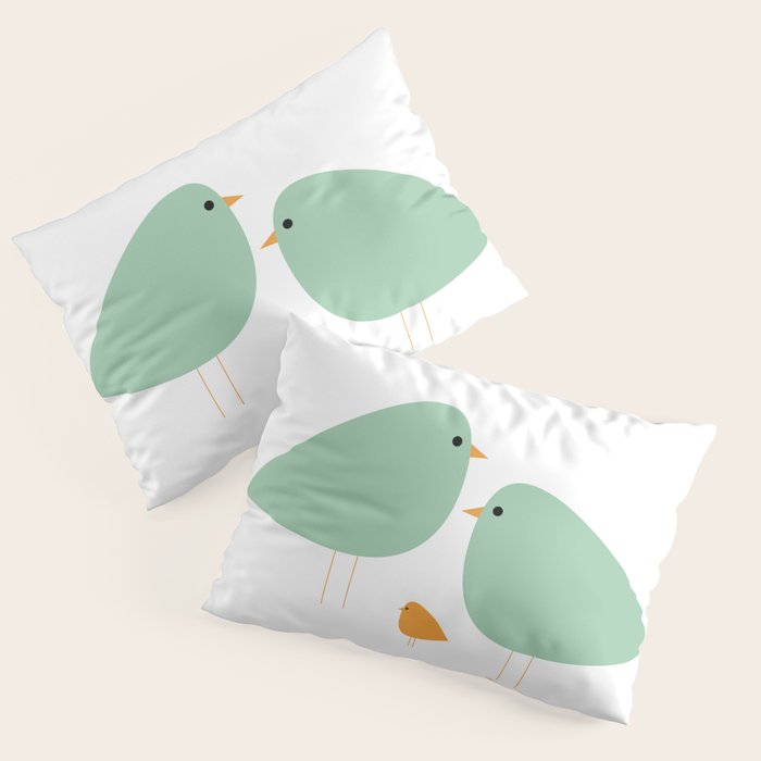 Bird Family in Celadon and Mustard on White. Minimalist Midcentury Scandinavian Pillow Sham Gallery Image 3