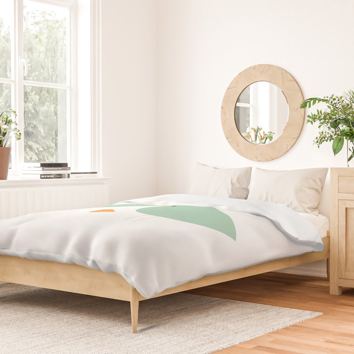 Bird Family in Celadon and Mustard on White. Minimalist Midcentury Scandinavian Duvet Cover Gallery Image 2