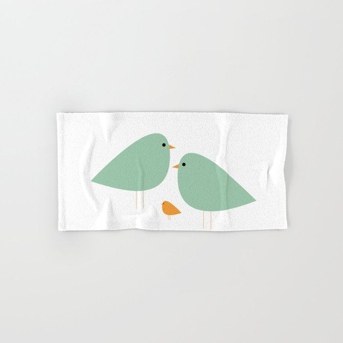 Bird Family in Celadon and Mustard on White. Minimalist Midcentury Scandinavian Bath Towel Gallery Image 1