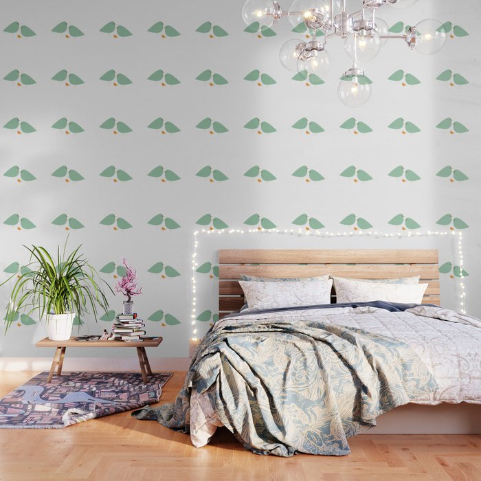 Bird Family in Celadon and Mustard on White. Minimalist Midcentury Scandinavian Wallpaper Gallery Image 3