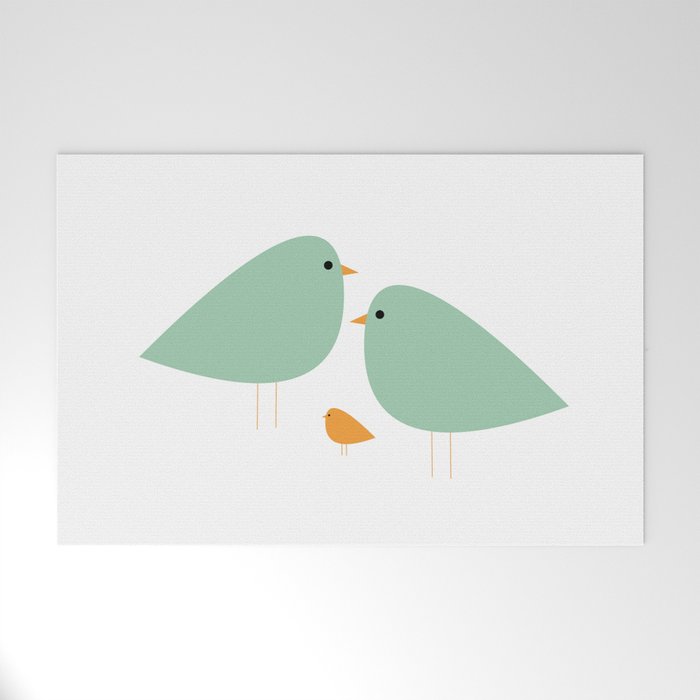 Bird Family in Celadon and Mustard on White. Minimalist Midcentury Scandinavian Welcome Mat Gallery Image 1