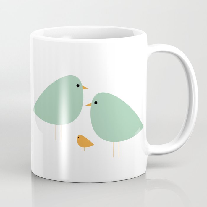 Bird Family in Celadon and Mustard on White. Minimalist Midcentury Scandinavian Coffee Mug Gallery Image 1