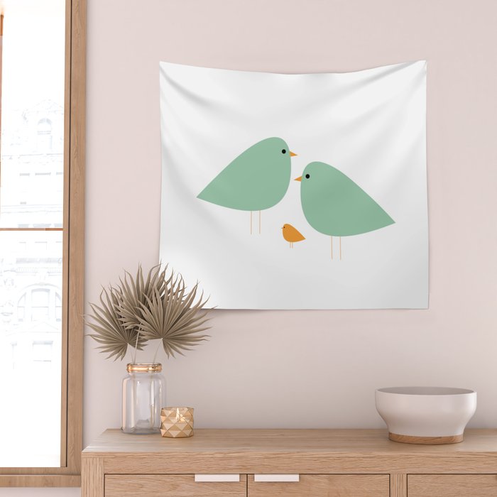 Bird Family in Celadon and Mustard on White. Minimalist Midcentury Scandinavian Wall Tapestry Gallery Image 2