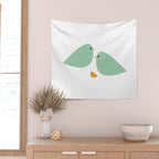 Bird Family in Celadon and Mustard on White. Minimalist Midcentury Scandinavian Wall Tapestry Gallery Image 2