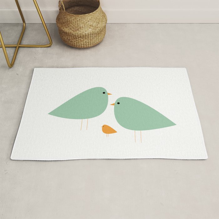 Bird Family in Celadon and Mustard on White. Minimalist Midcentury Scandinavian Rug Gallery Image 1