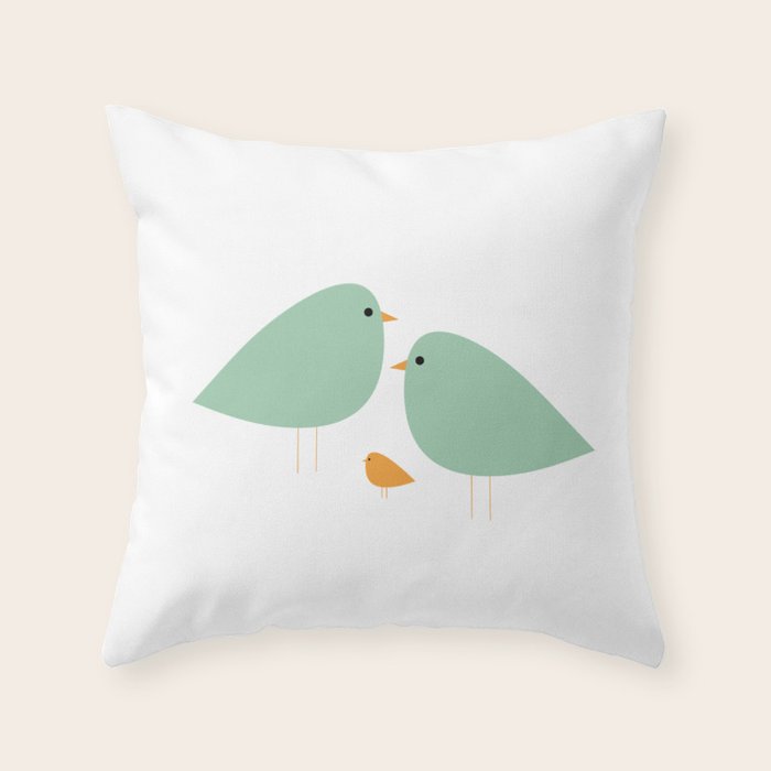 Bird Family in Celadon and Mustard on White. Minimalist Midcentury Scandinavian Throw Pillow Gallery Image 6