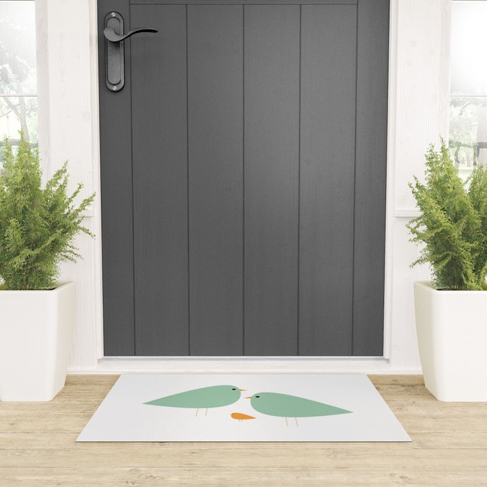 Bird Family in Celadon and Mustard on White. Minimalist Midcentury Scandinavian Welcome Mat Gallery Image 3