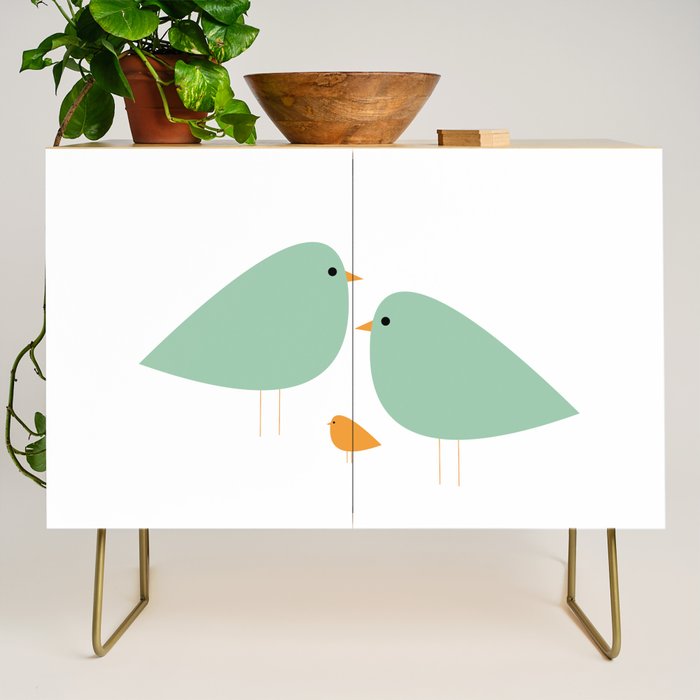 Bird Family in Celadon and Mustard on White. Minimalist Midcentury Scandinavian Credenza Gallery Image 1