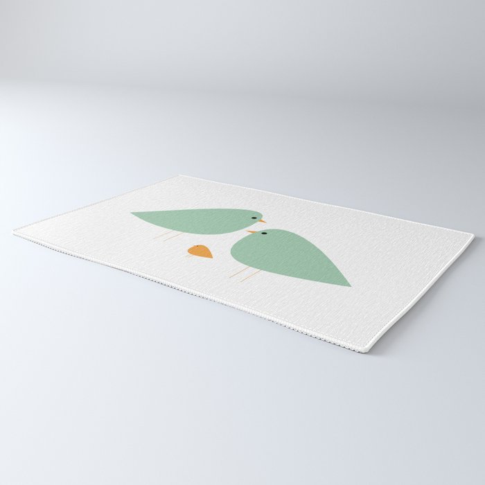 Bird Family in Celadon and Mustard on White. Minimalist Midcentury Scandinavian Rug Gallery Image 3