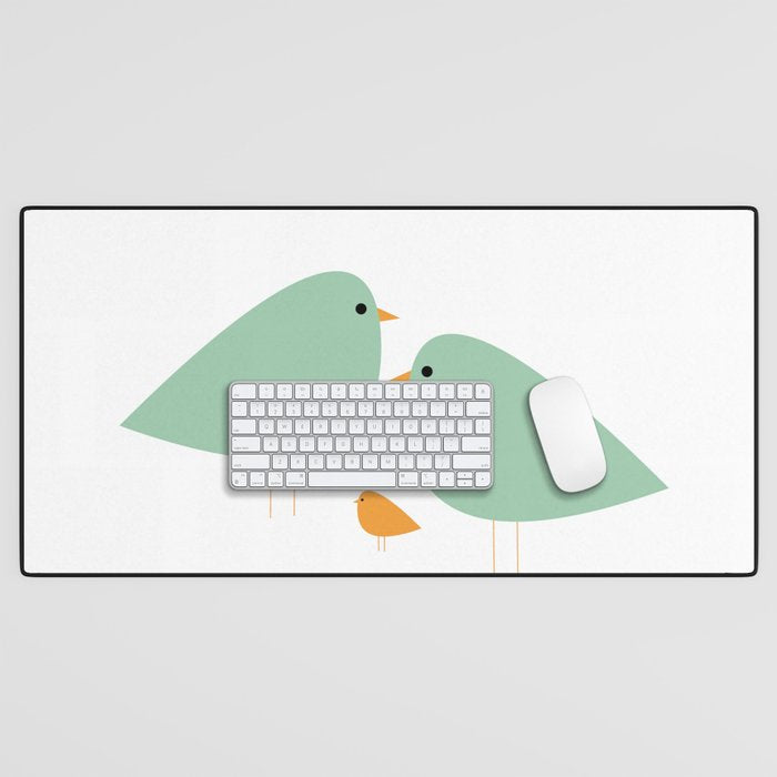Bird Family in Celadon and Mustard on White. Minimalist Midcentury Scandinavian Desk Mat Gallery Image 1