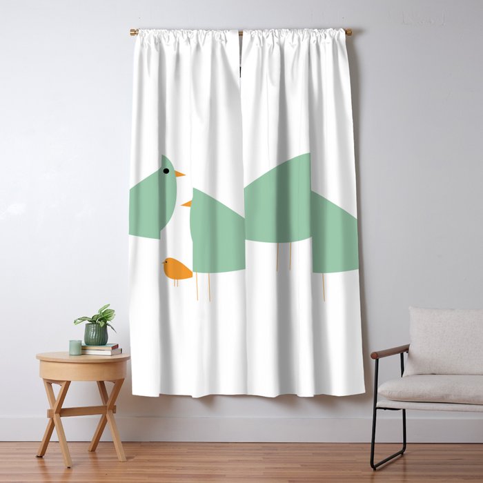 Bird Family in Celadon and Mustard on White. Minimalist Midcentury Scandinavian Window Curtain Gallery Image 5