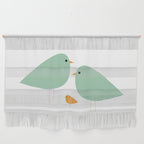 Bird Family in Celadon and Mustard on White. Minimalist Midcentury Scandinavian Wall Hanging Gallery Image 1