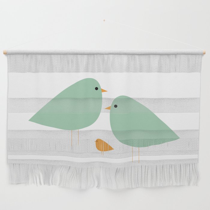 Bird Family in Celadon and Mustard on White. Minimalist Midcentury Scandinavian Wall Hanging Gallery Image 1