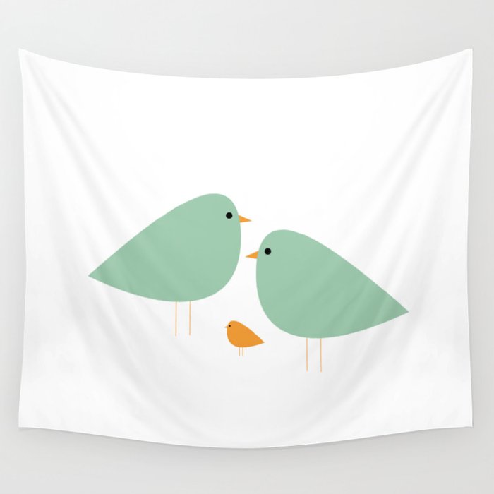 Bird Family in Celadon and Mustard on White. Minimalist Midcentury Scandinavian Wall Tapestry Gallery Image 1
