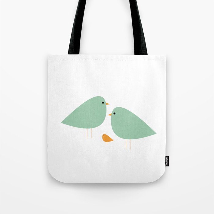 Bird Family in Celadon and Mustard on White. Minimalist Midcentury Scandinavian Tote Bag Gallery Image 1
