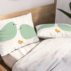 Bird Family in Celadon and Mustard on White. Minimalist Midcentury Scandinavian Pillow Sham Gallery Image 2