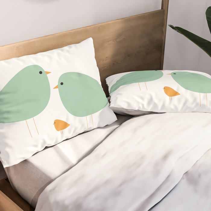 Bird Family in Celadon and Mustard on White. Minimalist Midcentury Scandinavian Pillow Sham Gallery Image 2
