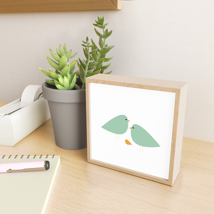 Bird Family in Celadon and Mustard on White. Minimalist Midcentury Scandinavian Mini Art Print Gallery Image 2