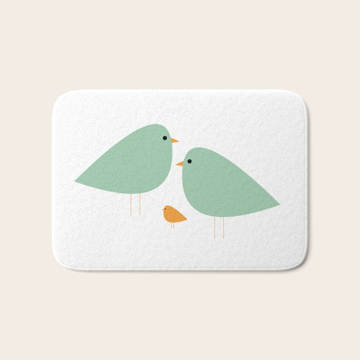 Bird Family in Celadon and Mustard on White. Minimalist Midcentury Scandinavian Bath Mat Gallery Image 1