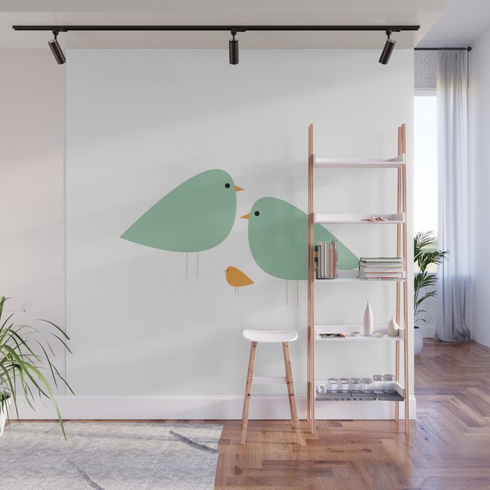 Bird Family in Celadon and Mustard on White. Minimalist Midcentury Scandinavian Wall Mural Gallery Image 1