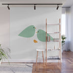 Bird Family in Celadon and Mustard on White. Minimalist Midcentury Scandinavian Wall Mural Gallery Image 1