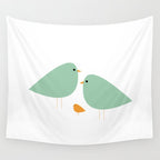 Bird Family in Celadon and Mustard on White. Minimalist Midcentury Scandinavian Wall Tapestry Gallery Image 4