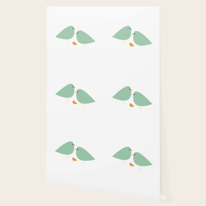 Bird Family in Celadon and Mustard on White. Minimalist Midcentury Scandinavian Wallpaper Gallery Image 2