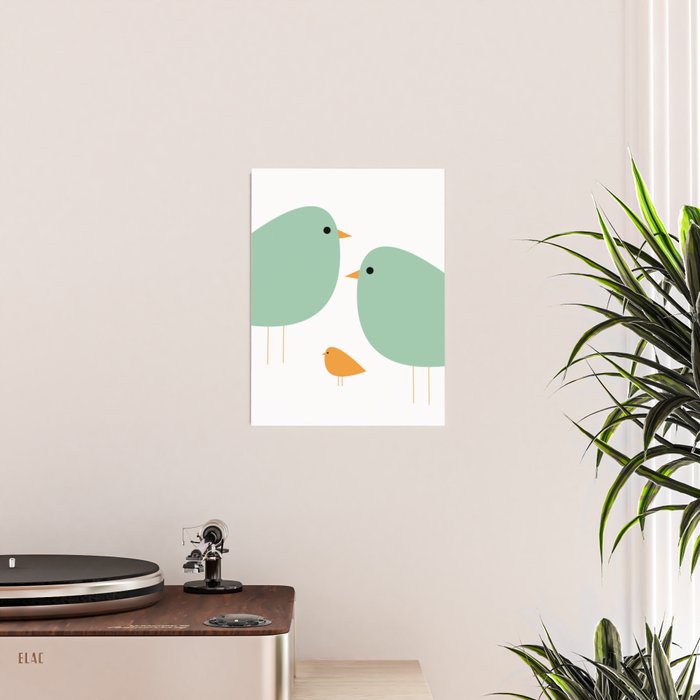 Bird Family in Celadon and Mustard on White. Minimalist Midcentury Scandinavian Poster Gallery Image 2