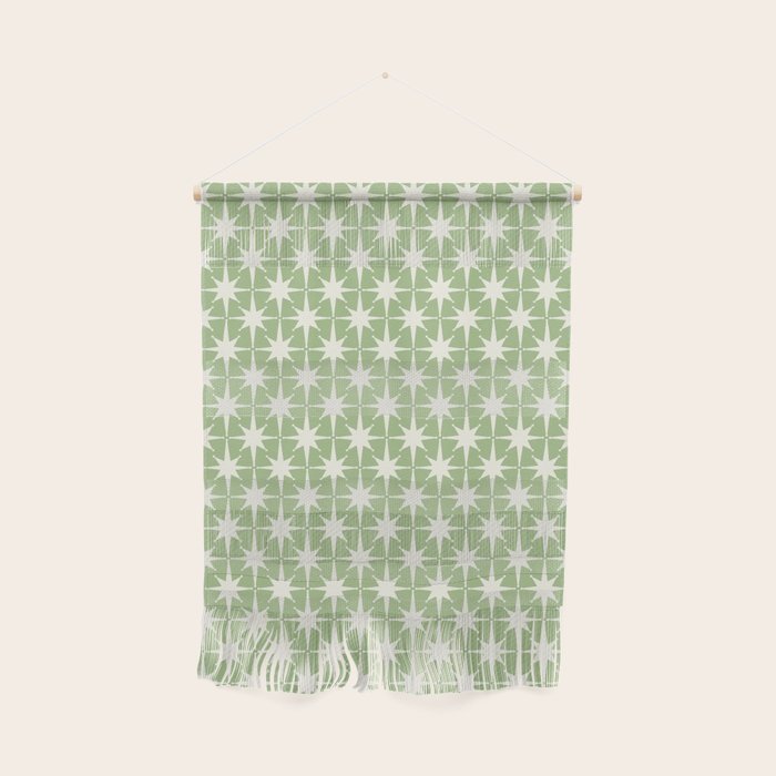 Mid Century Modern Atomic Stars Retro Starburst Pattern in Light Sage Green and Cream Wall Hanging Gallery Image 1