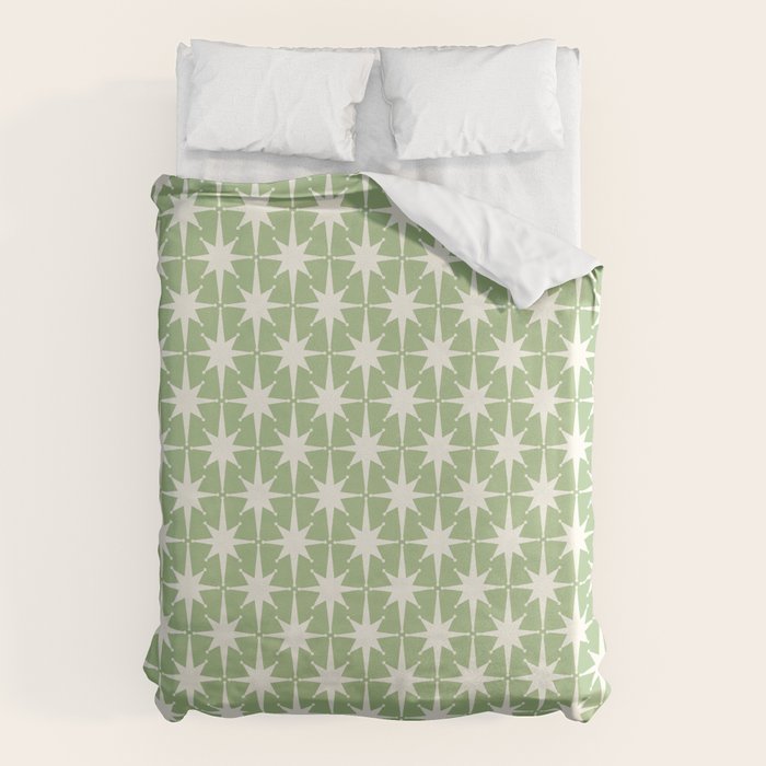 Mid Century Modern Atomic Stars Retro Starburst Pattern in Light Sage Green and Cream Duvet Cover Gallery Image 1