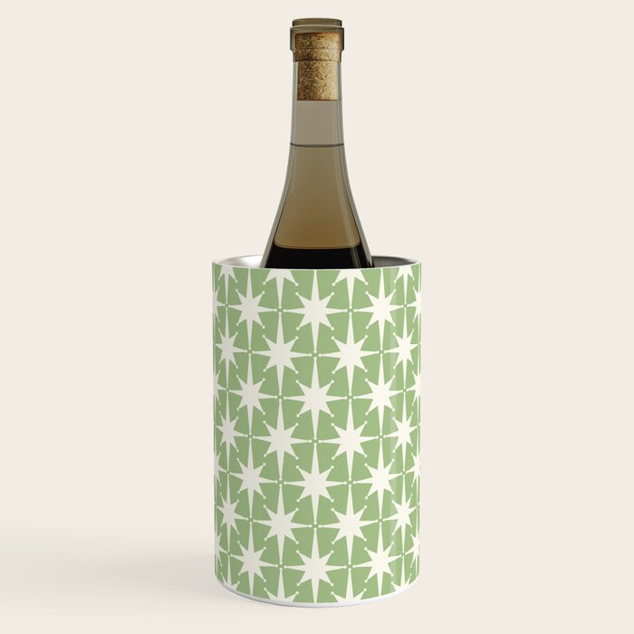 Mid Century Modern Atomic Stars Retro Starburst Pattern in Light Sage Green and Cream Wine Chiller Gallery Image 1