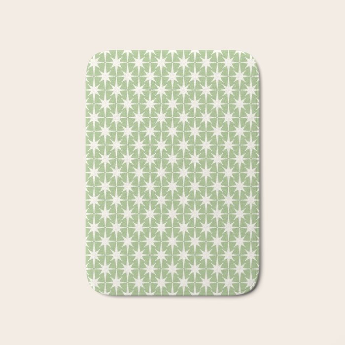Mid Century Modern Atomic Stars Retro Starburst Pattern in Light Sage Green and Cream Bath Mat Gallery Image 1
