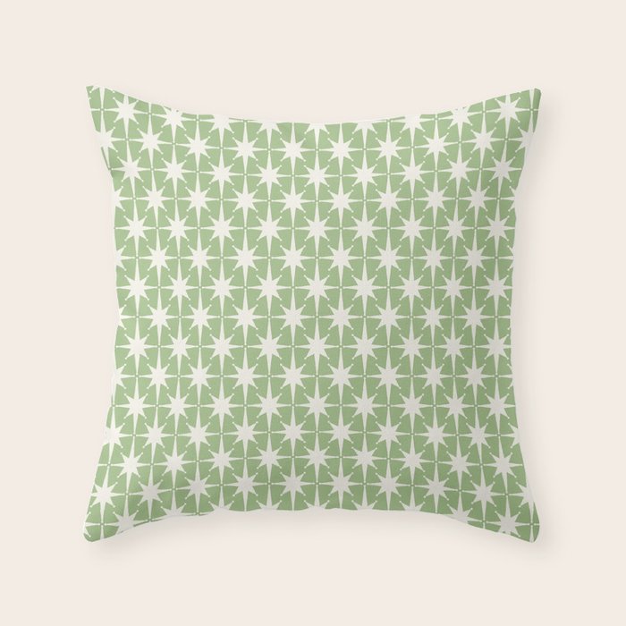 Mid Century Modern Atomic Stars Retro Starburst Pattern in Light Sage Green and Cream Throw Pillow Gallery Image 6