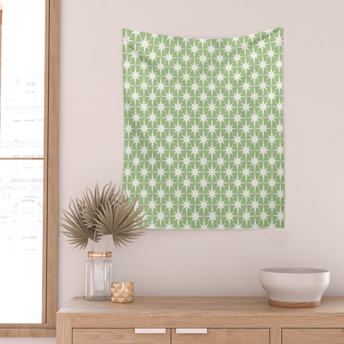 Mid Century Modern Atomic Stars Retro Starburst Pattern in Light Sage Green and Cream Wall Tapestry Gallery Image 2