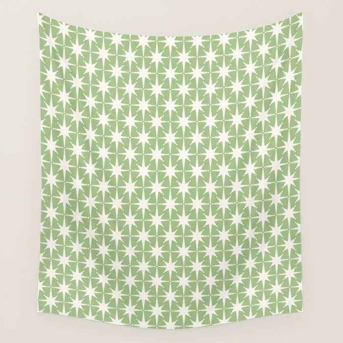 Mid Century Modern Atomic Stars Retro Starburst Pattern in Light Sage Green and Cream Wall Tapestry Gallery Image 4