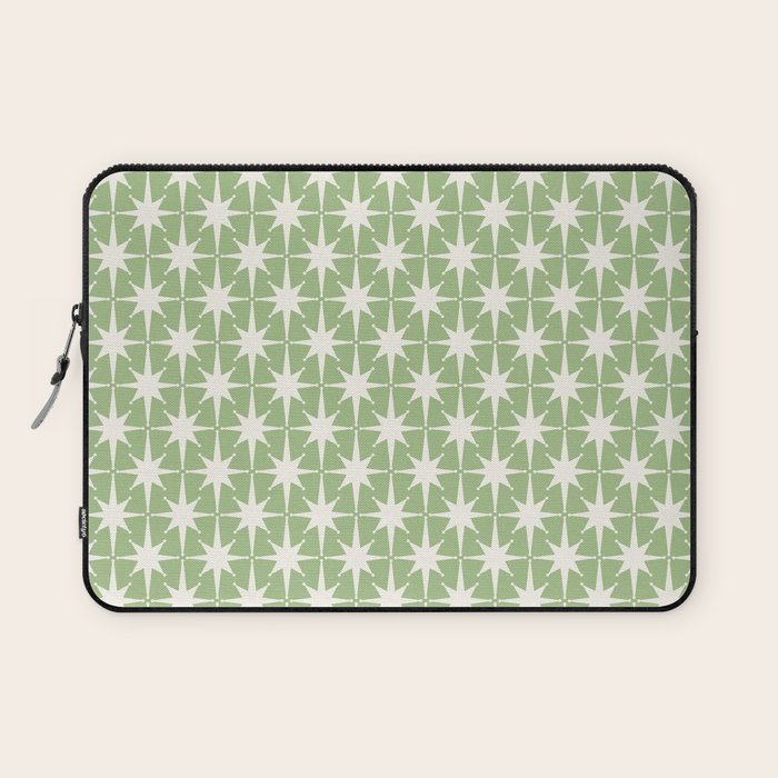 Mid Century Modern Atomic Stars Retro Starburst Pattern in Light Sage Green and Cream Laptop Sleeve Gallery Image 1