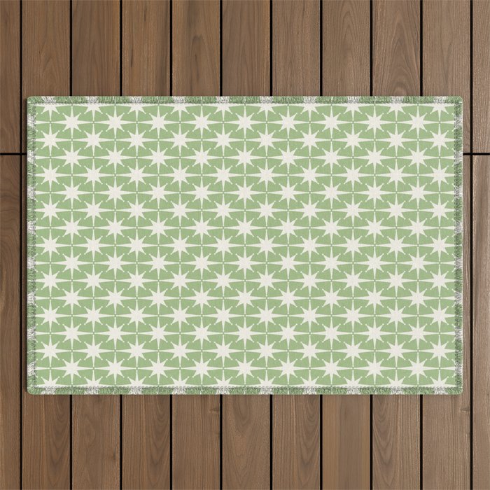 Mid Century Modern Atomic Stars Retro Starburst Pattern in Light Sage Green and Cream Outdoor Rug Gallery Image 1