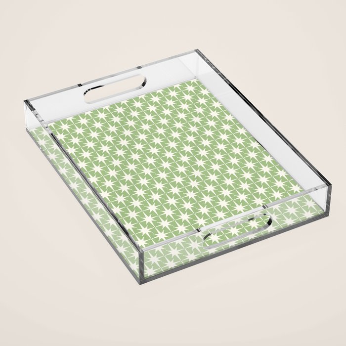 Mid Century Modern Atomic Stars Retro Starburst Pattern in Light Sage Green and Cream Acrylic Tray Gallery Image 1