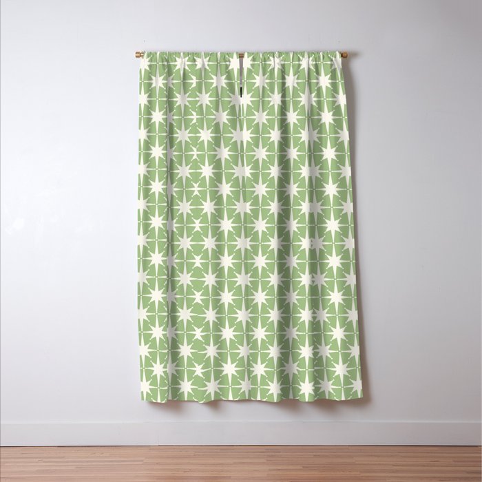 Mid Century Modern Atomic Stars Retro Starburst Pattern in Light Sage Green and Cream Window Curtain Gallery Image 3